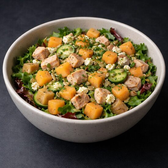 Salāti no kūpinātas vistas filejas ar melonēm kg